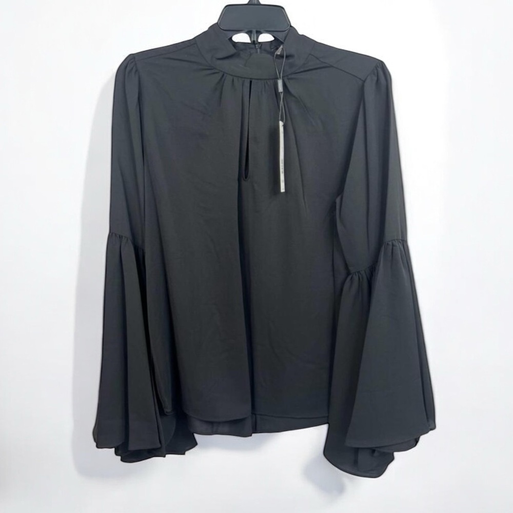 T Tahari Blouse Womens Size M Black Mock Neck Keyhole Large Bell Sleeve Chic